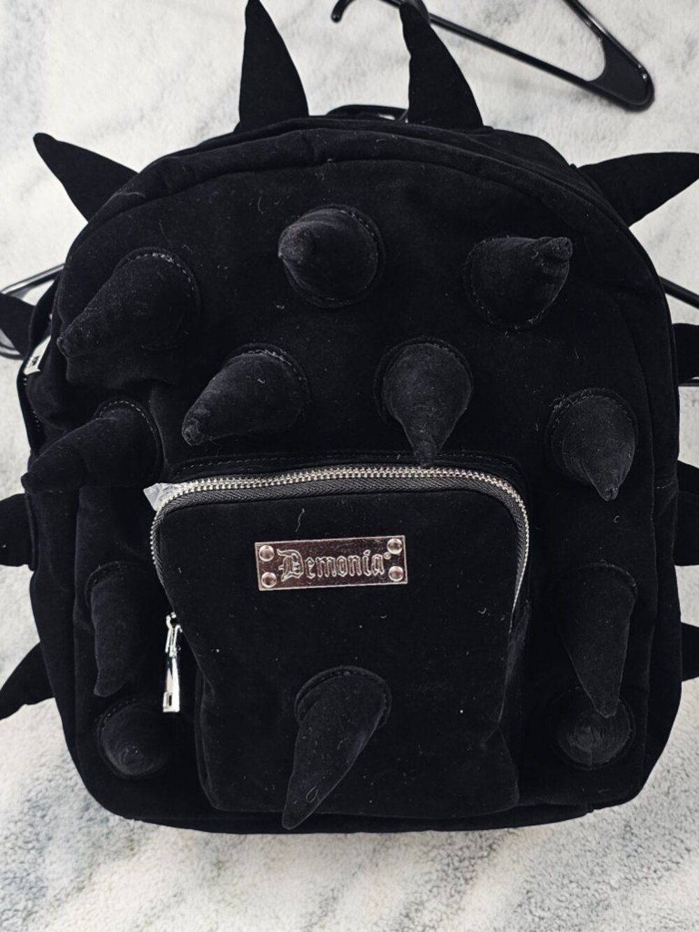 Demonia Black Velvet Spiked Mini Backpack Soft Cone Spikes Pocket Goth Punk NEW - Picture 2 of 9
